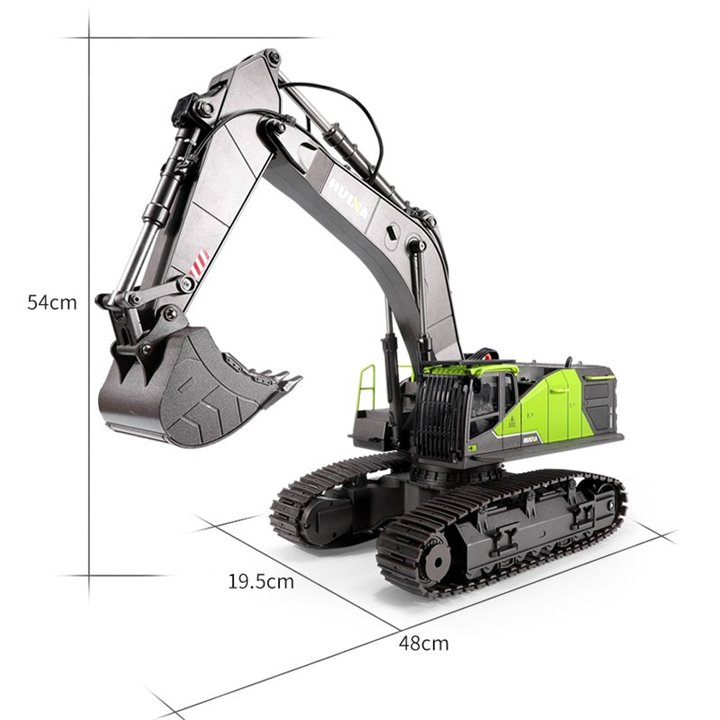 EXCAVADORA HUINA 1593 1/14 COLOR VERDE PALA METALICA 2,4GHZ.